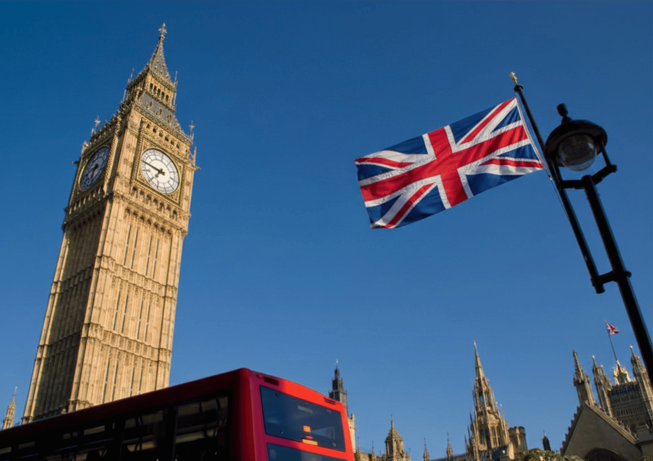 Big Ben in London mit britischer Flagge als Symbol für die UK ETA Beantragung für Großbritannien